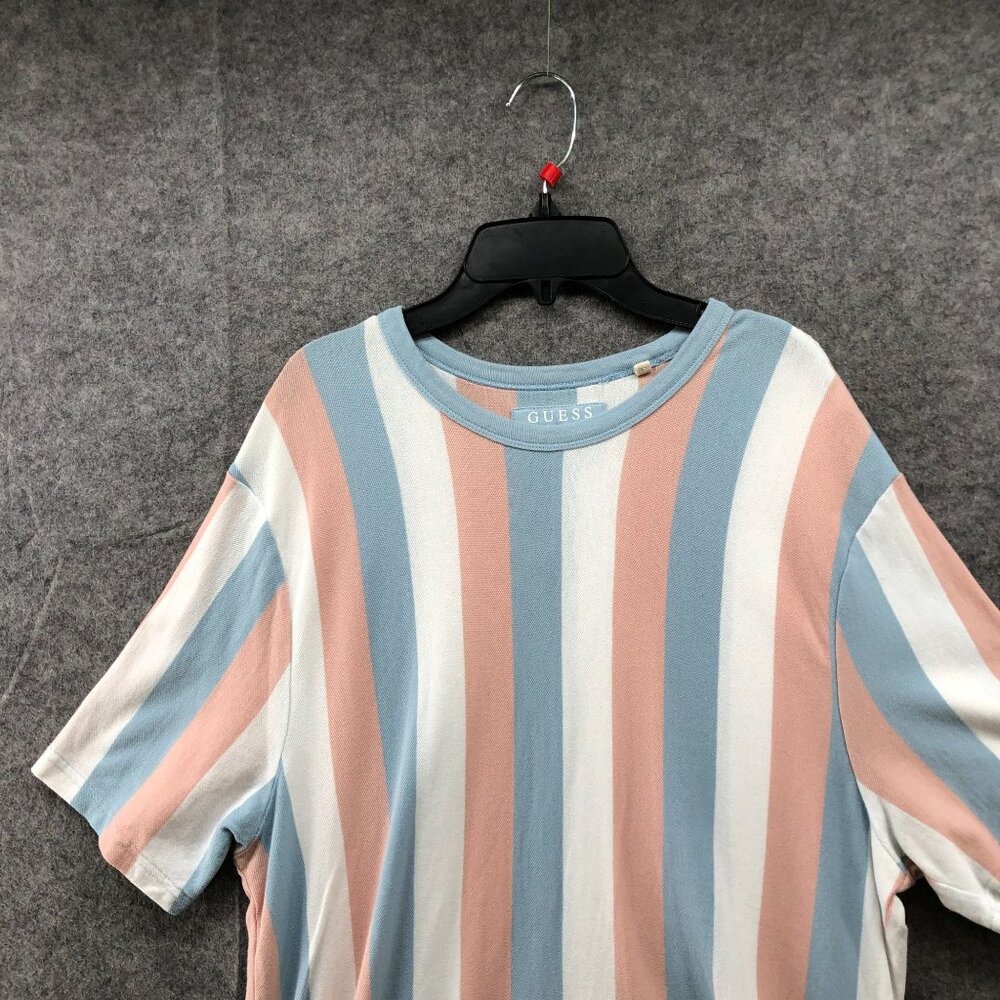 Guess Knit T Shirt Mens XL Cotton Crewneck Short Sleeve Striped Peach‎ Blue Long - Picture 3 of 8